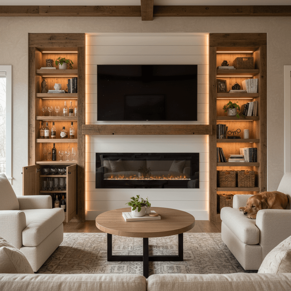 Built-in entertainment center with fireplace